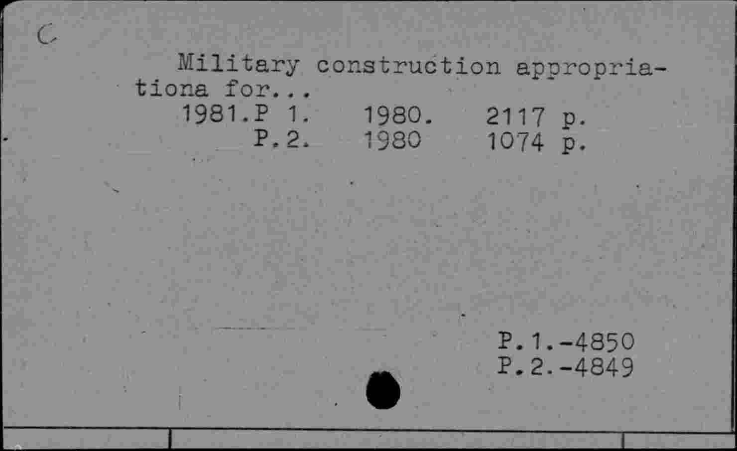 ﻿Military construction appropria tiona for...
1981.P 1.	1980.	2117 p.
P.2.	1980	1074 p.
P.1.-4850
P.2.-4849